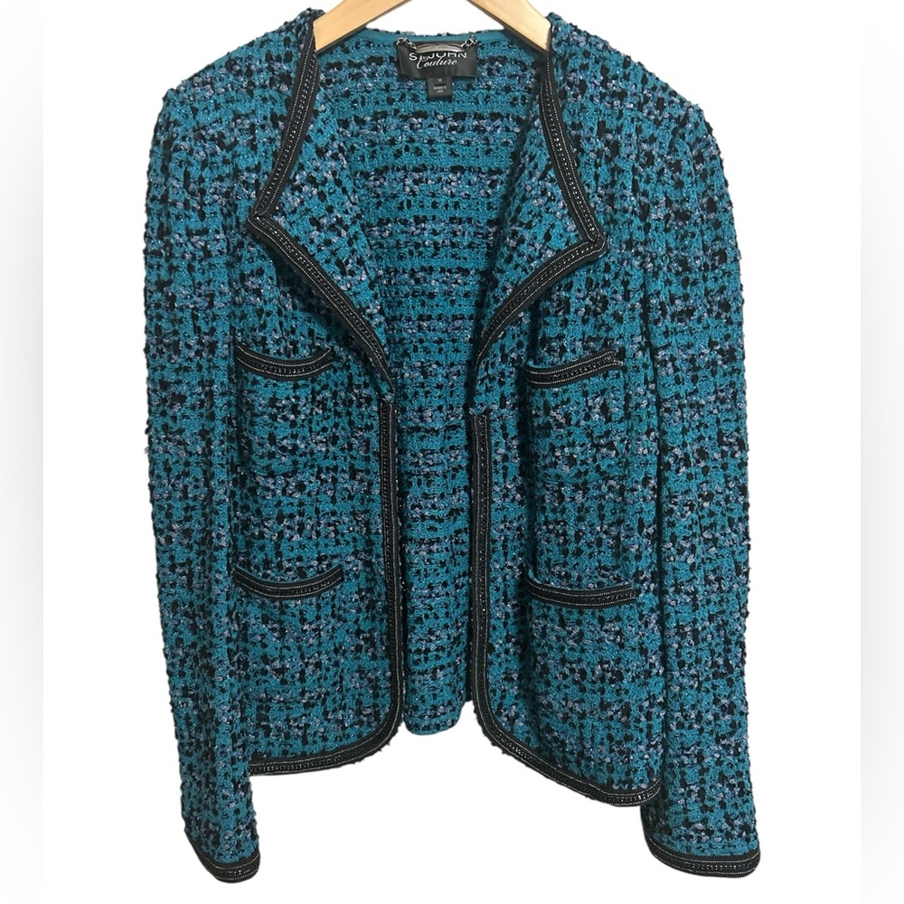 St. John Collection Teal Bouclé Black-Trimmed Jacket